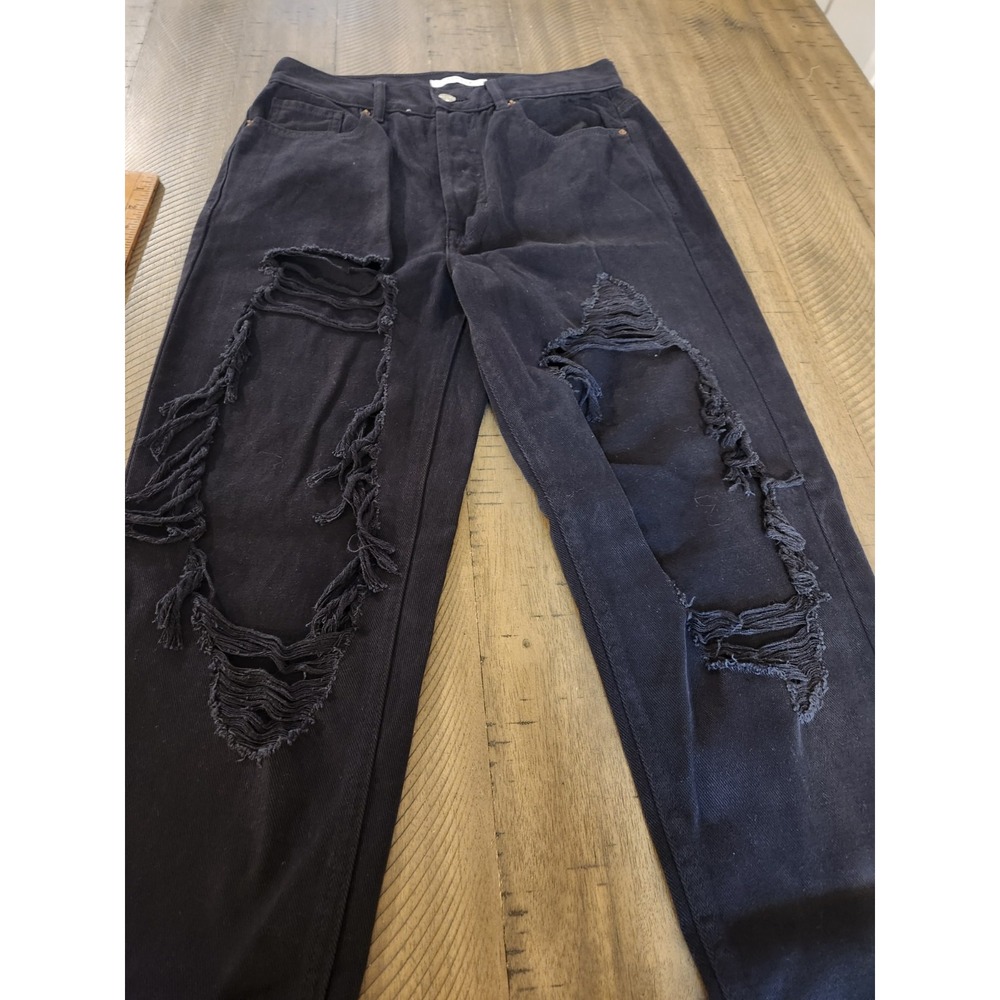 PacSun Los Angeles Womens High Rise Distressed Mom Jeans Black Button Fly 27